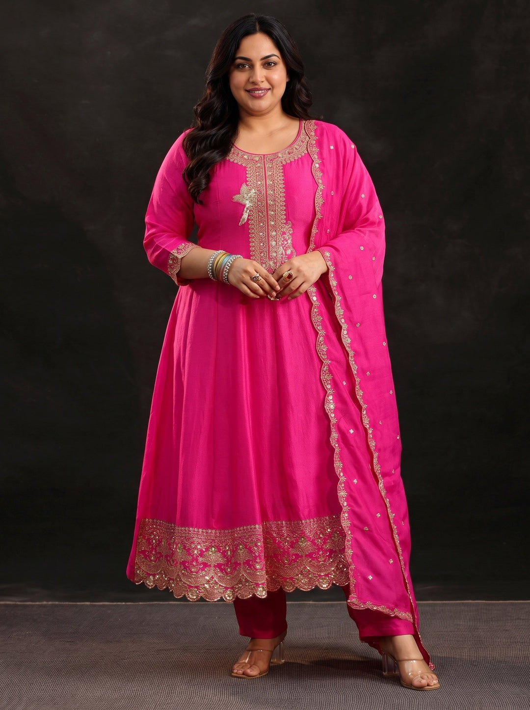 Plus Size Fuschia Pink Floral Embellished  Silk Blend Anarkali Suit Set