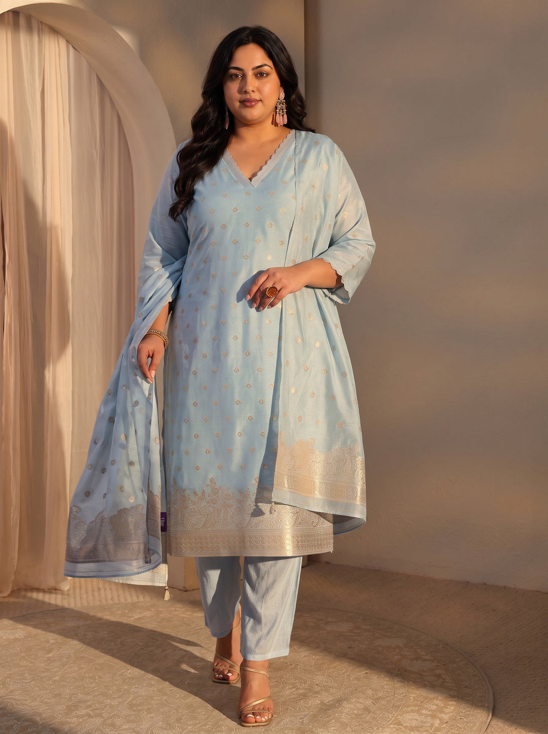 Plus Size Girija Blue Woven Design Chanderi Silk Straight Suit Set With Dupatta