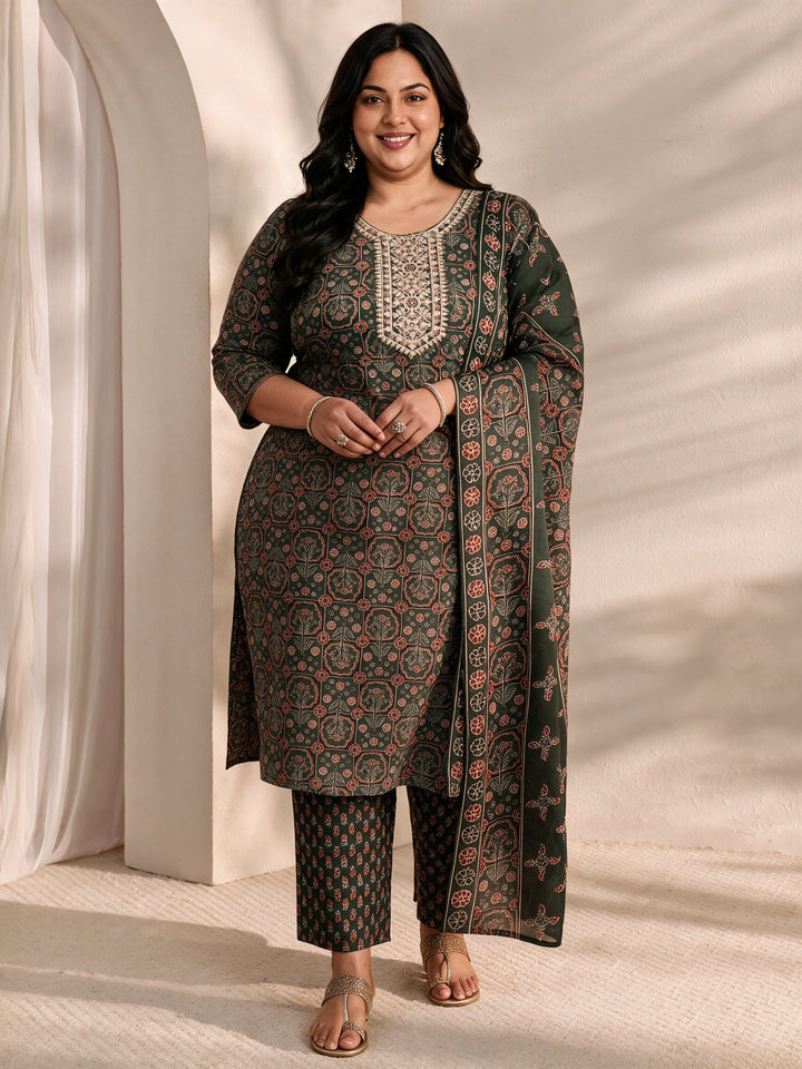 Plus Size Green Ajrak Printed Cotton Blend Straight Suit Set With Dupatta