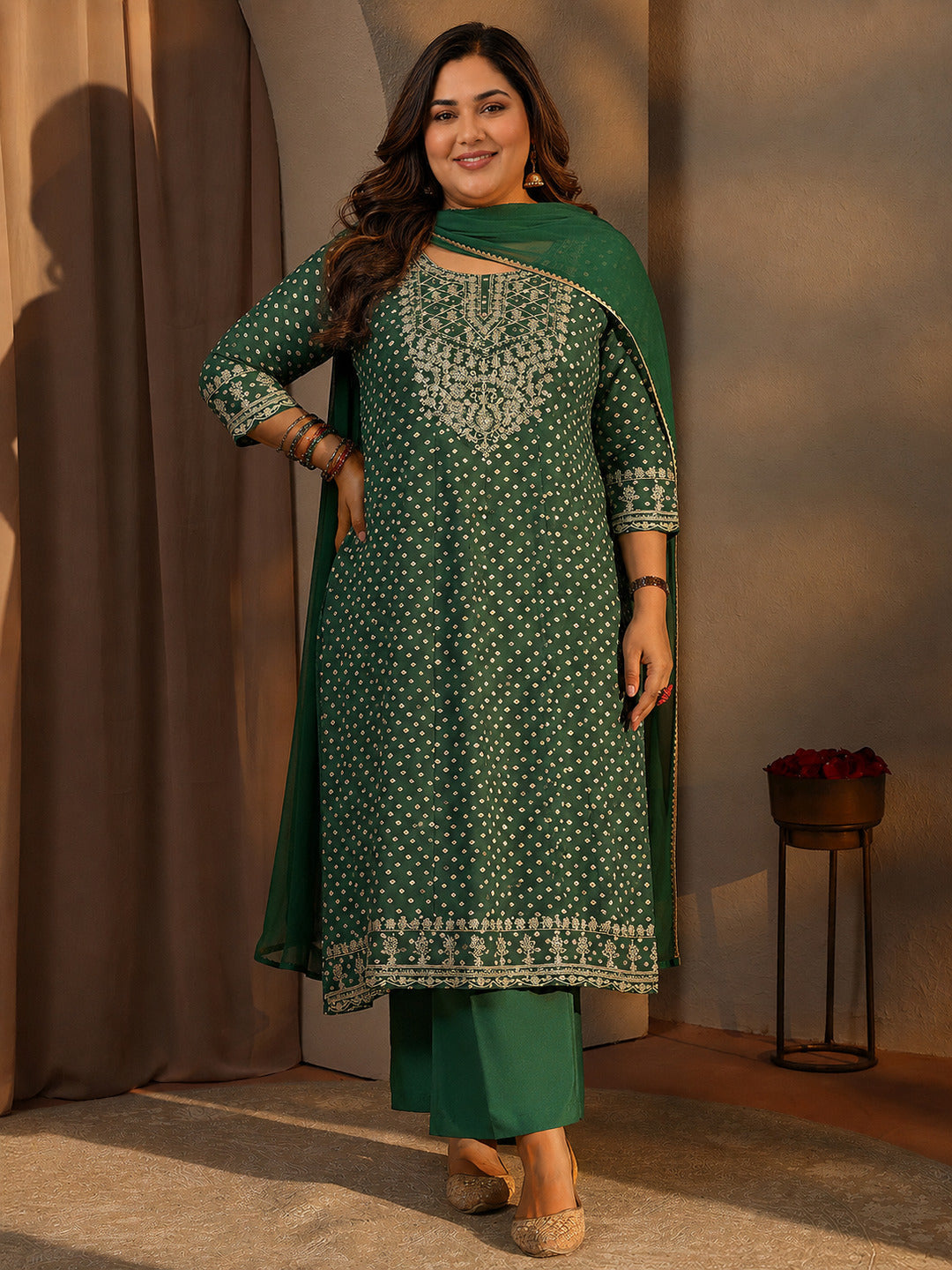 Plus Size Green Bandhani Printed Silk Blend A-Line Suit Set With Dupatta