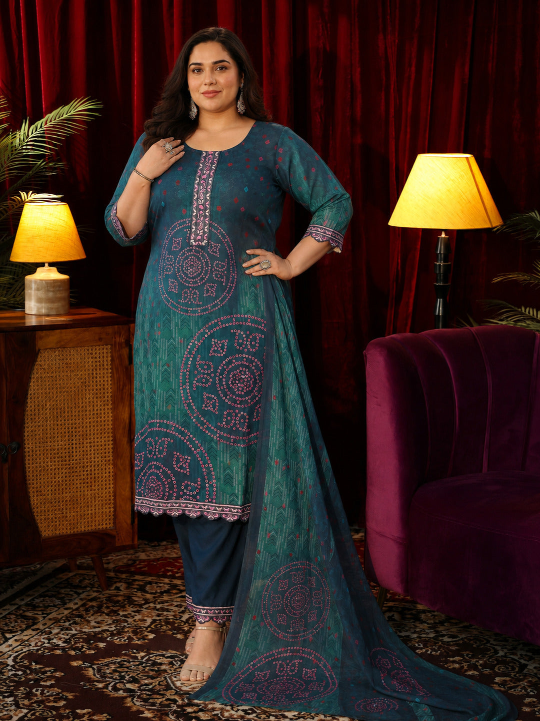 Plus Size Green Cotton Printed Straight Suit With Dupatta