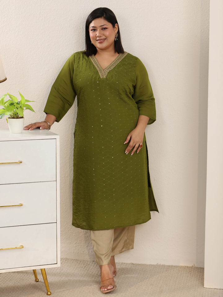Plus Size Green Embellished Chanderi Cotton Straight Kurta
