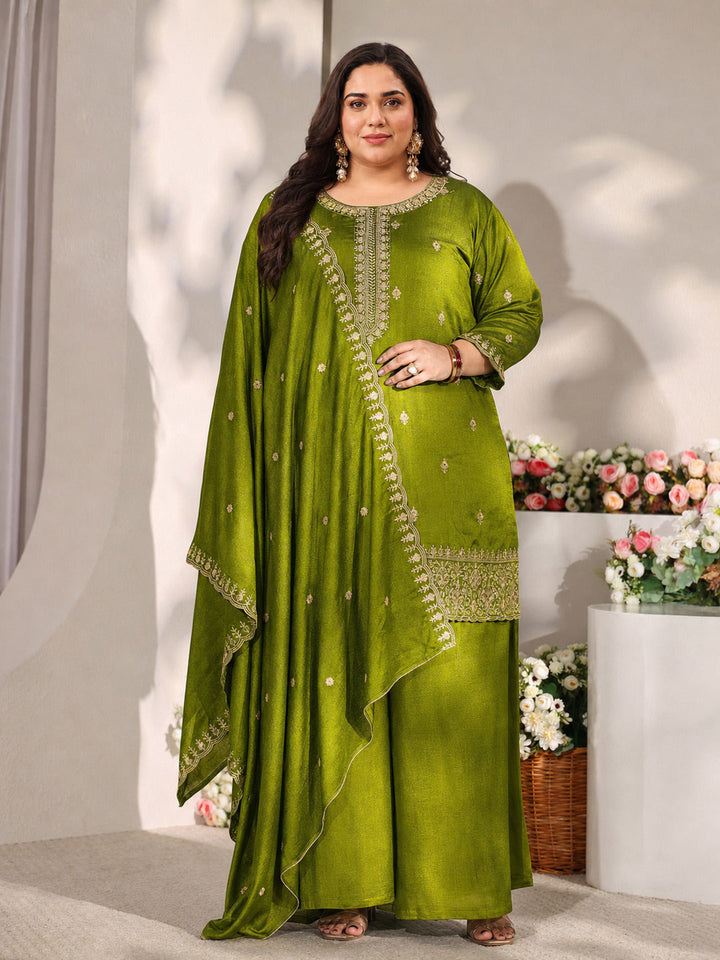 Plus Size Green Embroidered Silk Blend Straight Suit Set With Dupatta