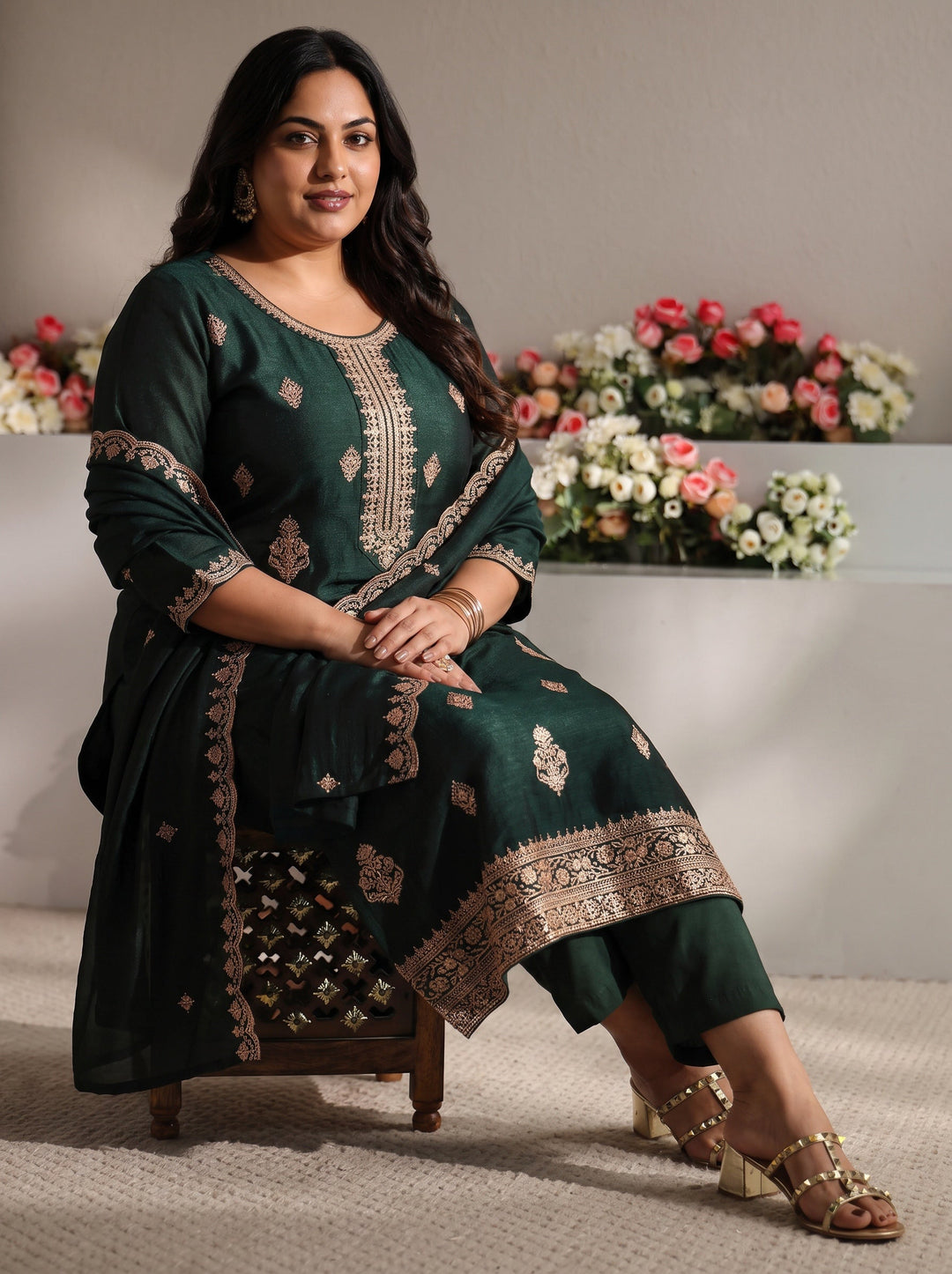 Plus Size Green Embroidered Silk Blend Straight Suit Set With Dupatta