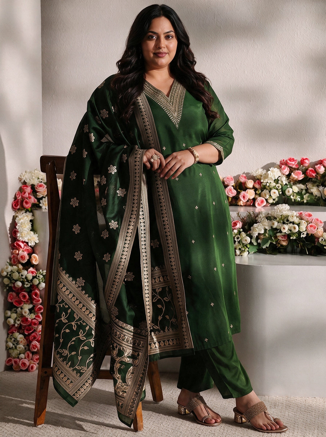 Plus Size Green Embroidered Silk Blend Straight Suit Set With Dupatta
