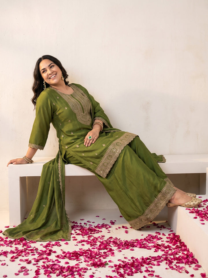 Plus Size Green Ethnic Embroidered Chinon Palazzo Suit Set