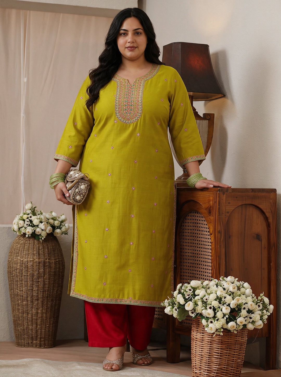 Plus Size Green Ethnic Embroidered Silk Blend Straight Kurta