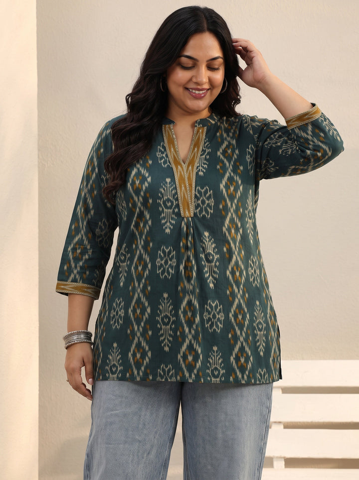 Plus Size Green Ethnic Printed Cotton A-Line Short Kurti