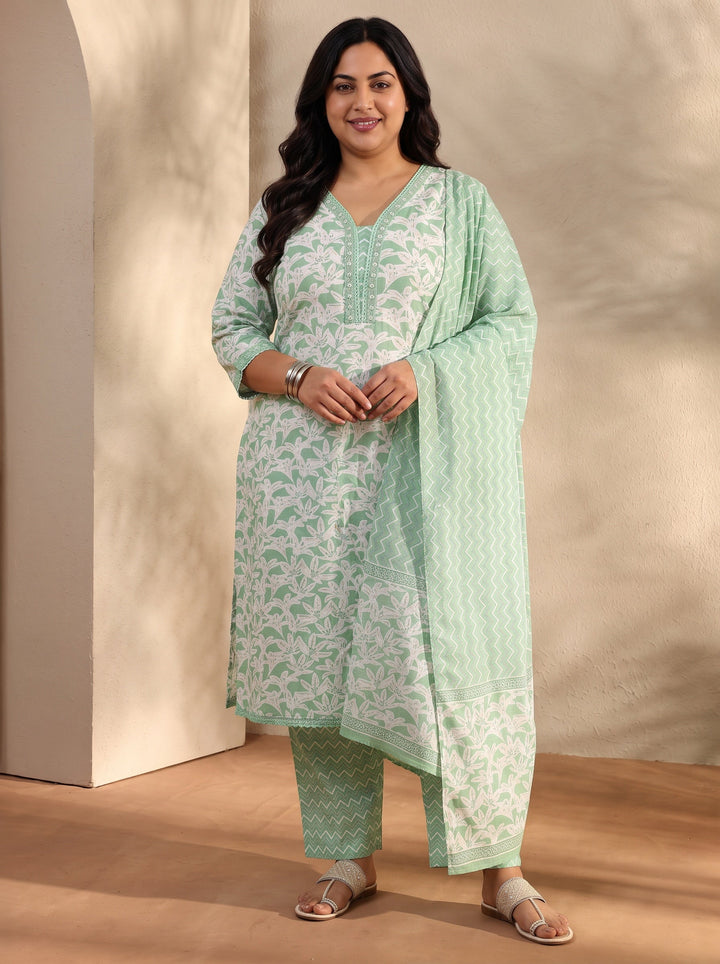 Plus Size Green Floral Printed Cotton Straight Suit Set With Dupatta