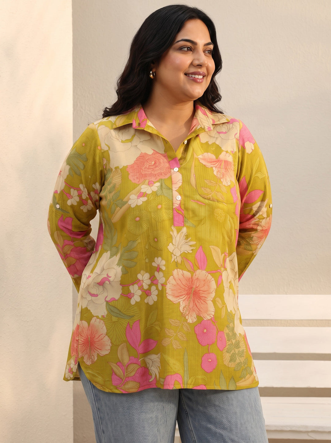 Plus Size Green Floral Printed Silk Blend Tunic