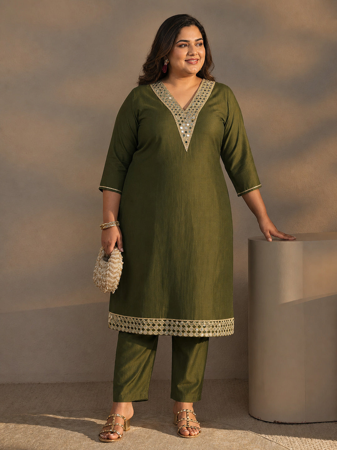 Plus Size Green Mirror Work Yoke Design Silk Blend Straight Kurta Set