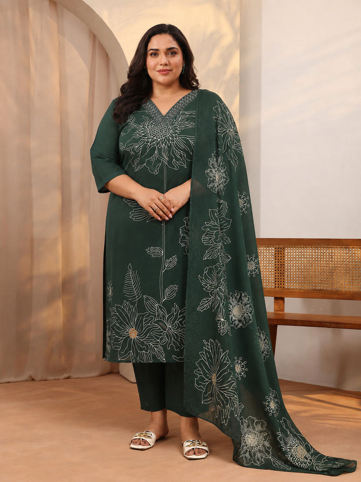 Plus Size Green Printed Cotton Straight Suit Set With Dupatta