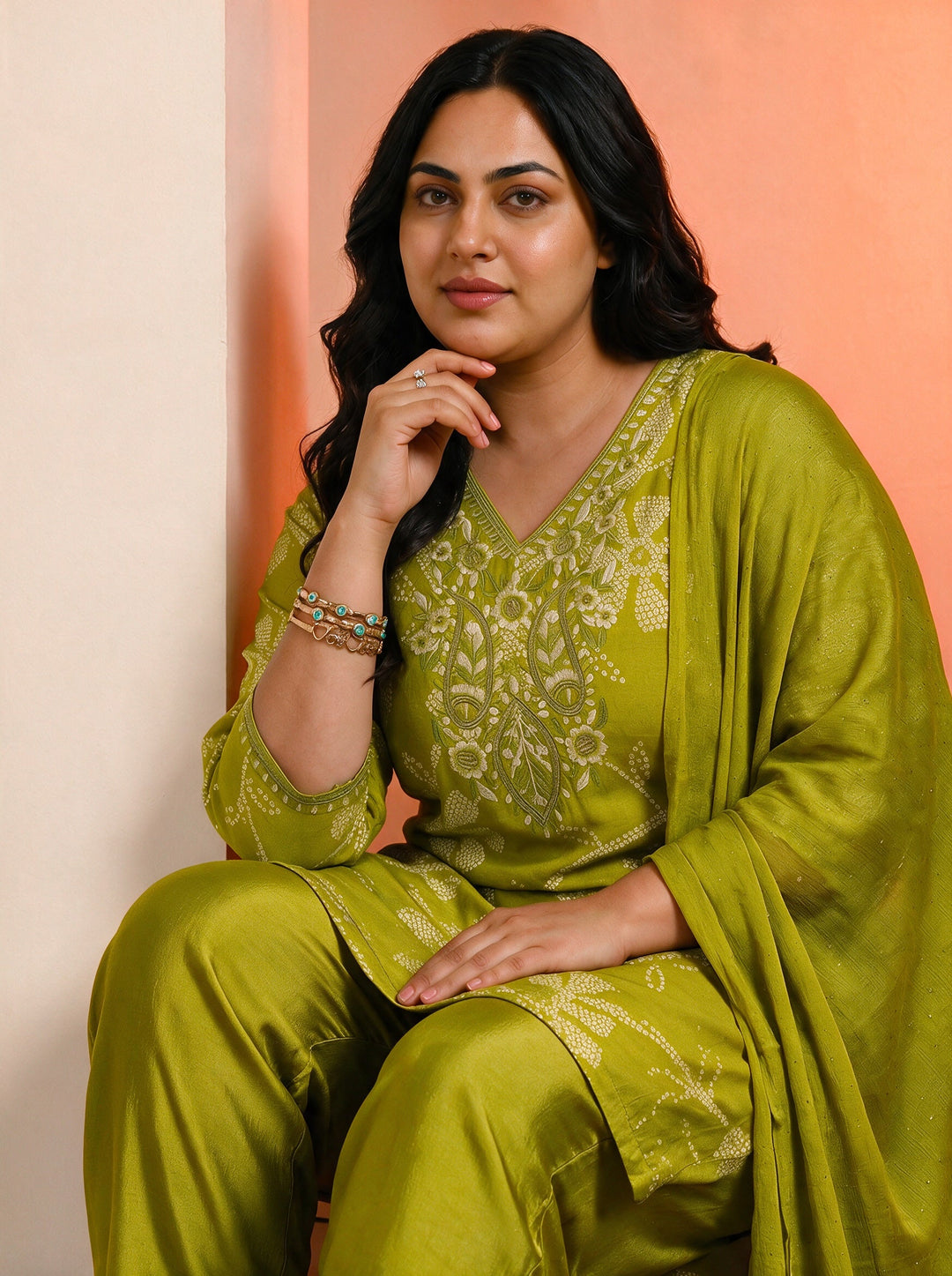 Plus Size Green Printed Silk Blend Straight Suit With Dupatta