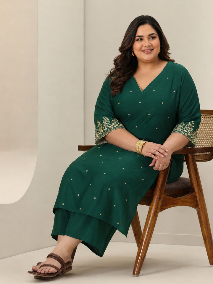 Plus Size Green Self Design Rayon Straight Kurta Set