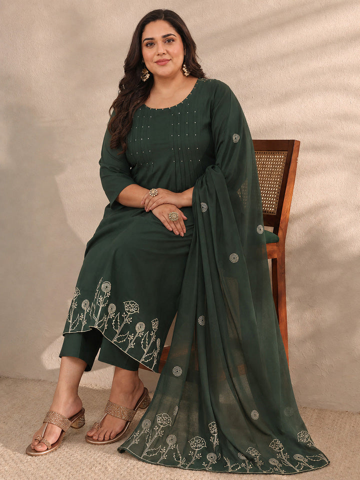 Plus Size Green Solid Embroidered Cotton A-Line Suit Set With Dupatta