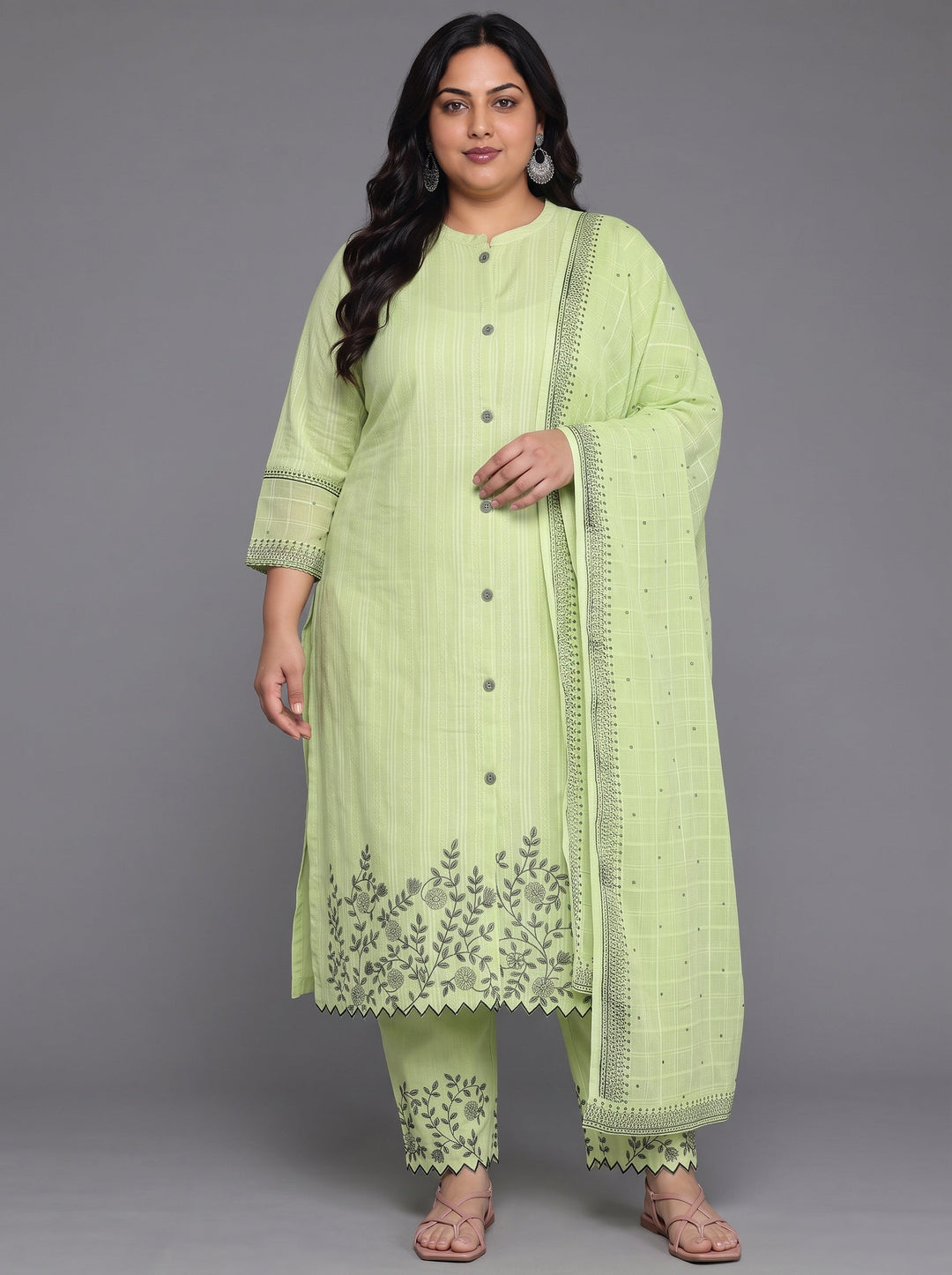 Plus Size Green Woven Design Cotton Straight Suit With Dupatta