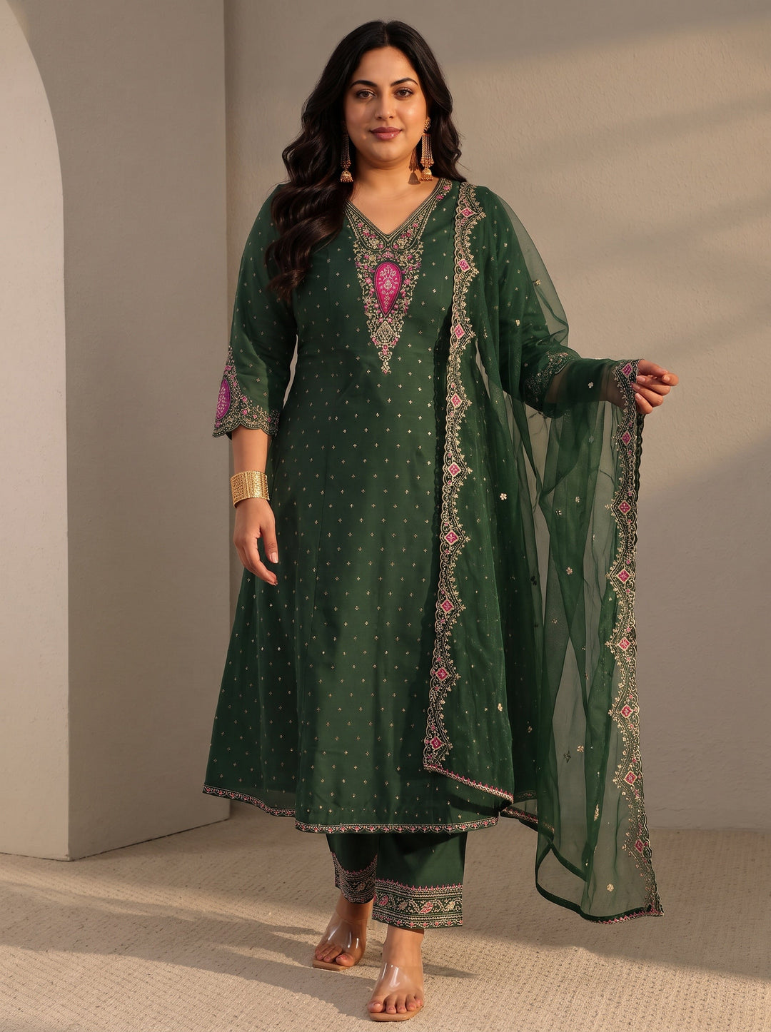 Plus Size Green Woven Design Silk Blend A-Line Suit Set With Dupatta