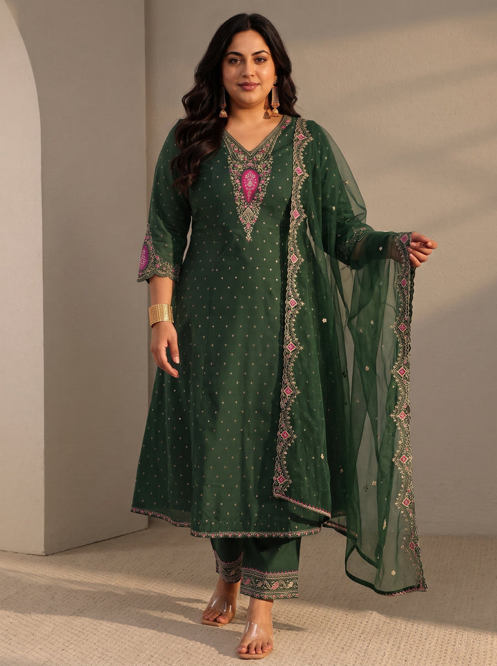 Plus Size Green Woven Design Silk Blend A-Line Suit Set With Dupatta