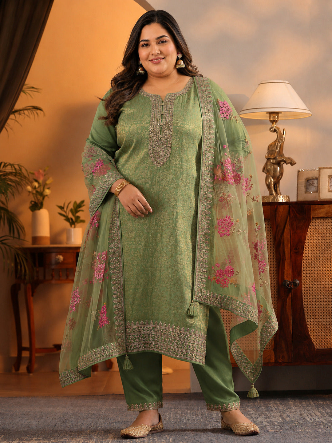 Plus Size Green Woven Design Silk Blend Straight Suit Set With Dupatta