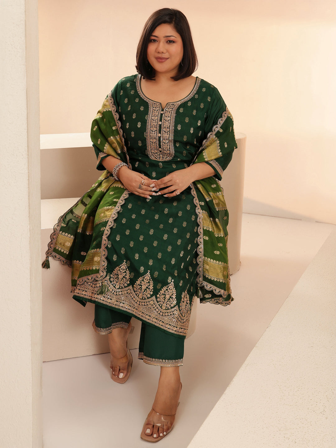 Plus Size Green Woven Design Silk Blend Straight Suit Set With Dupatta