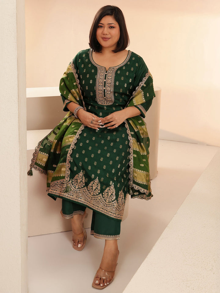 Plus Size Green Woven Design Silk Blend Straight Suit Set With Dupatta