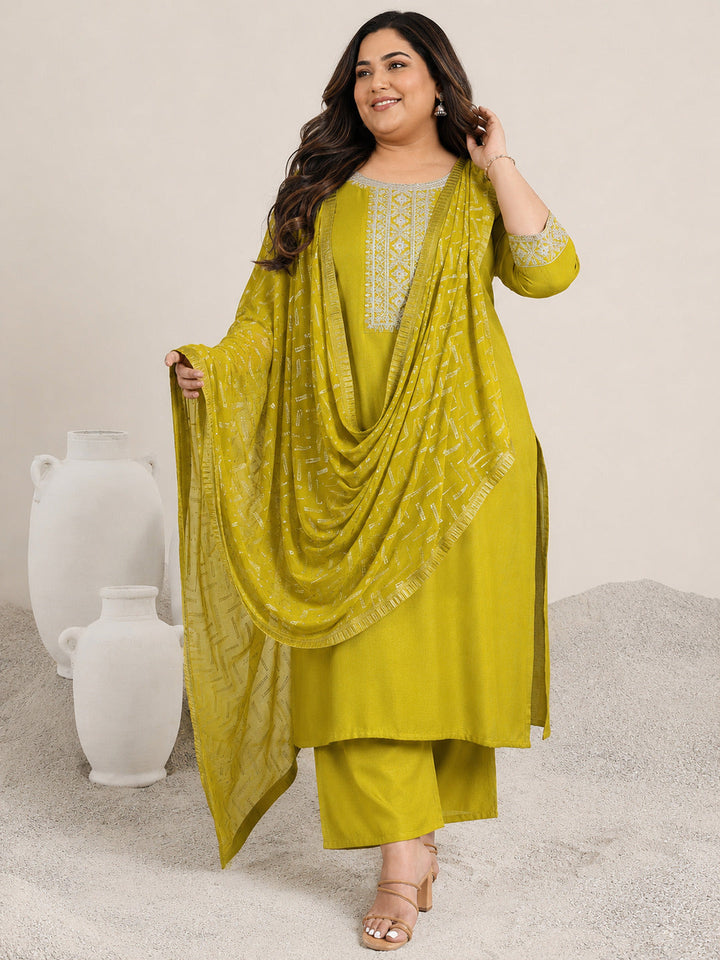 Plus Size Green Yoke Design Silk Blend Straight Suit Set With Dupatta