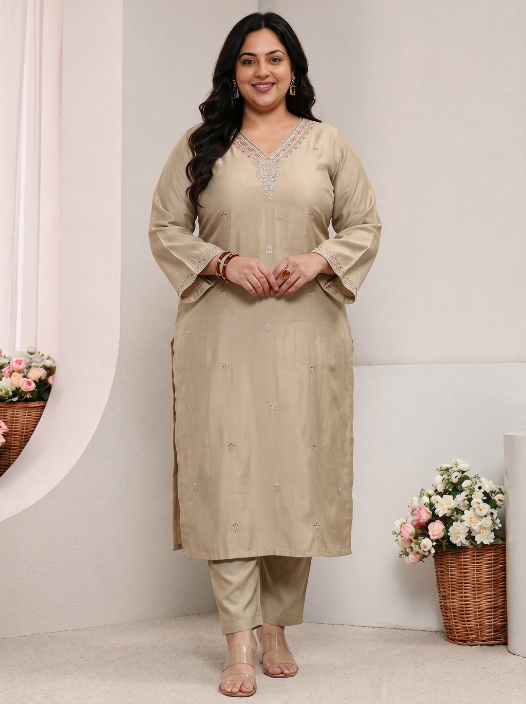 Plus Size Grey Embroidered Silk Blend Straight Kurta