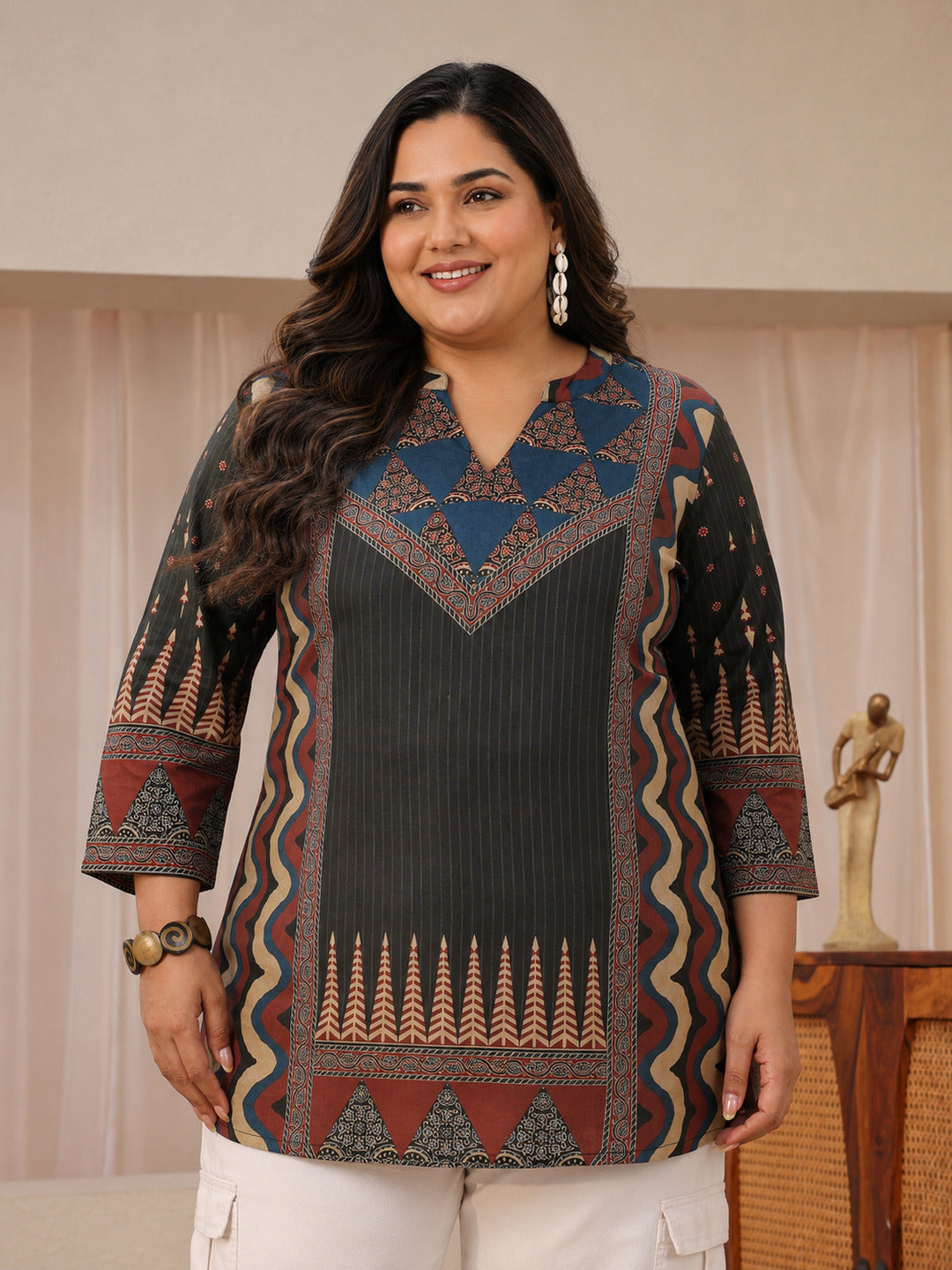 Plus Size Grey Multi Printed Silk Blend Straight Short Kurti