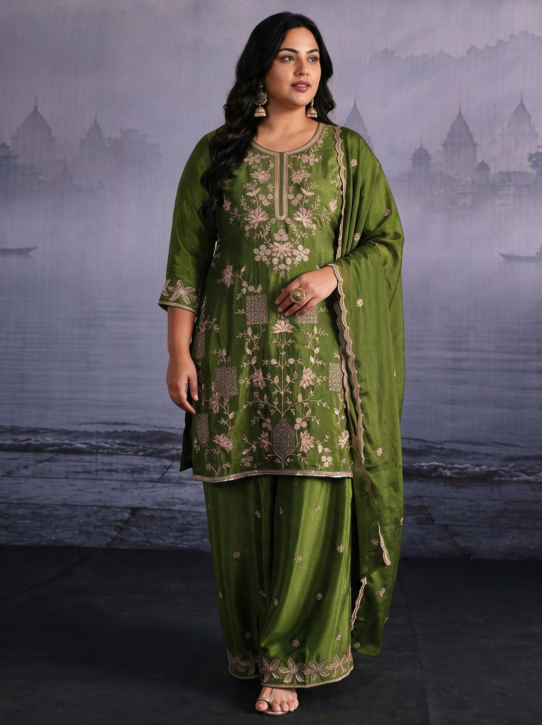 Plus Size Henna Green Floral Embroidered Chinon Palazzo Suit Set