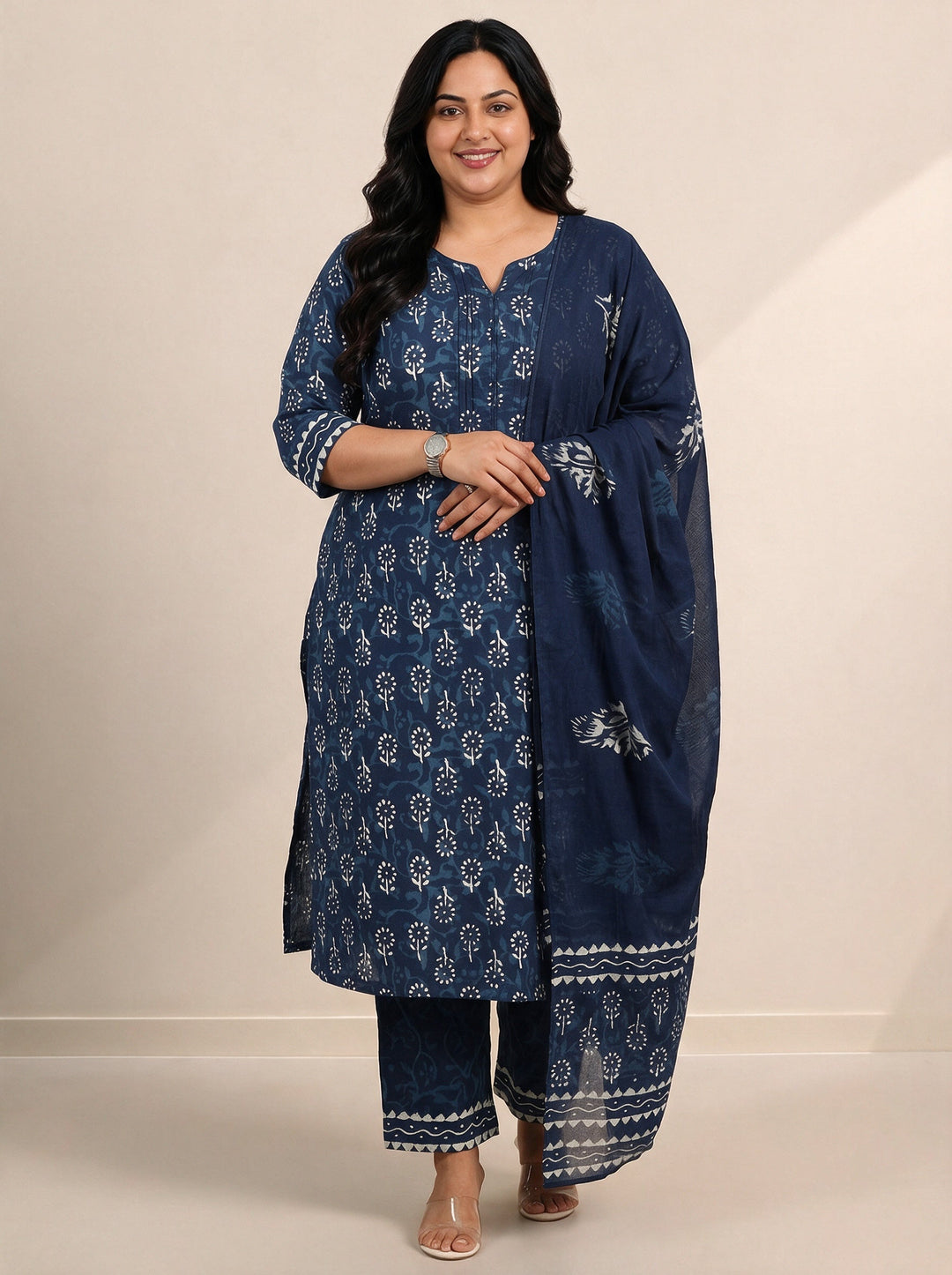 Plus Size Indigo Blue Floral Printed Cotton Straight Suit Set