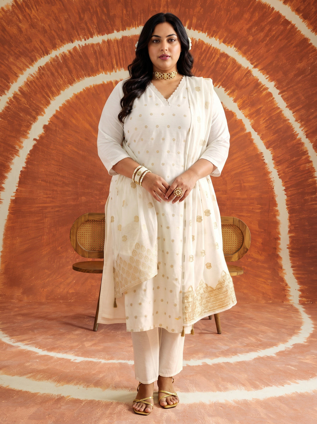 Plus Size Kamakshi White Woven Design Chanderi Silk Straight Suit Set With Dupatta
