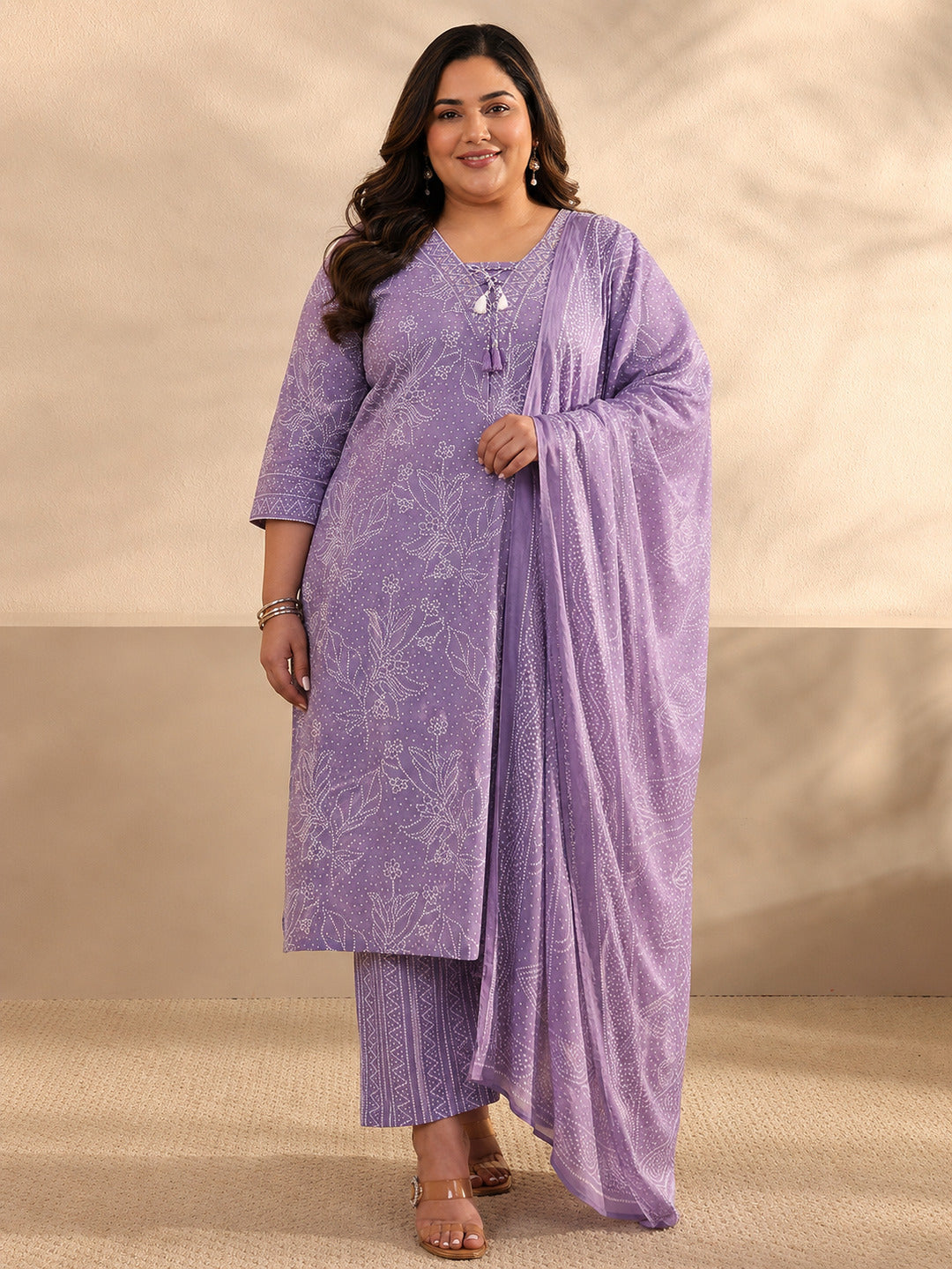Plus Size Lavender Bandhani Printed Cotton Straight Suit Set With Dupatta