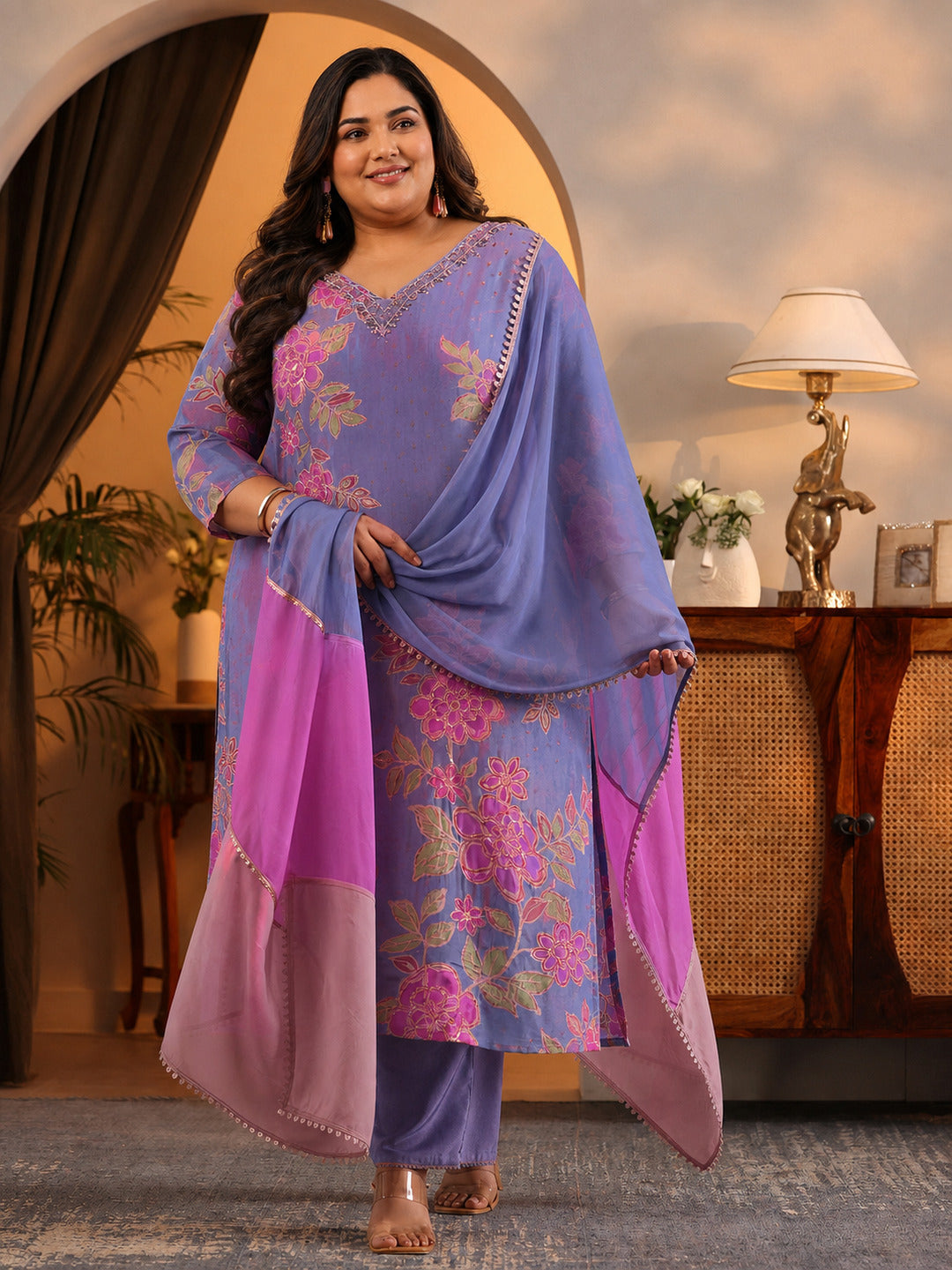 Plus Size Lavender Embellished Crepe Straight Suit Set With Dupatta