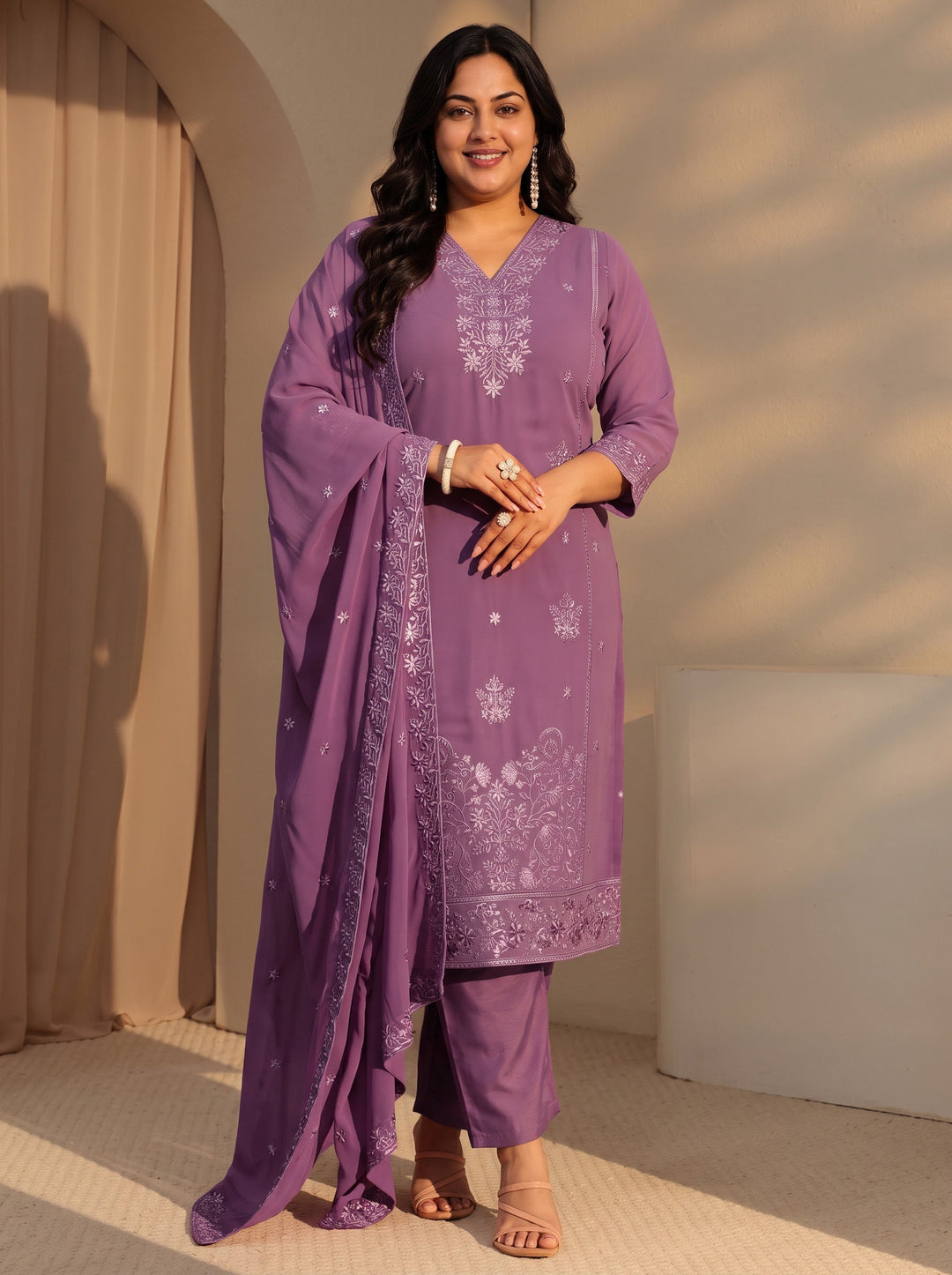 Plus Size Lavender Floral Embroidery Straight Georgette Suit Set