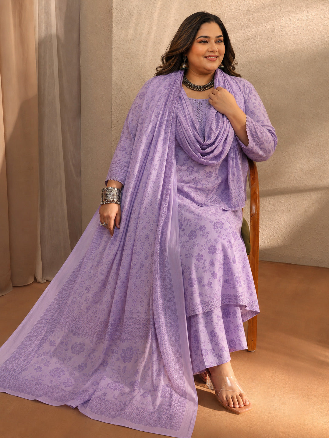 Plus Size Lavender Floral Printed Cotton Blend Straight Suit Set With Dupatta