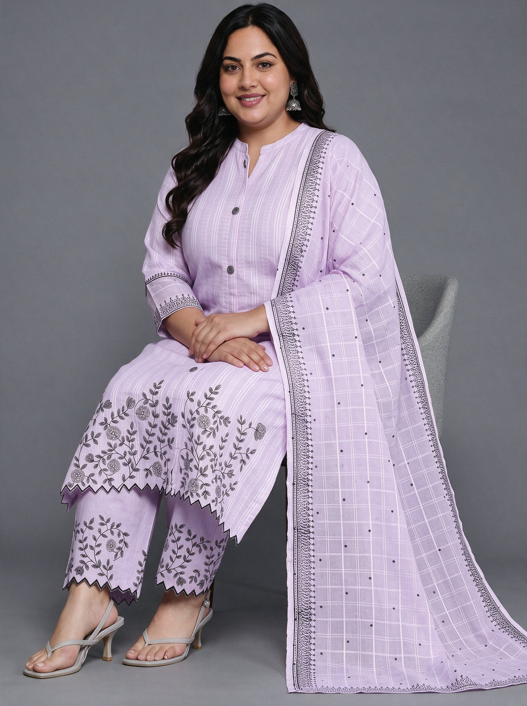 Plus Size Lavender Woven Design Cotton Straight Suit With Dupatta