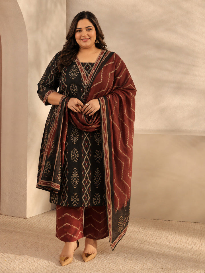 Plus Size Black Ethnic Printed Cotton Straight Suit Set With Dupatta