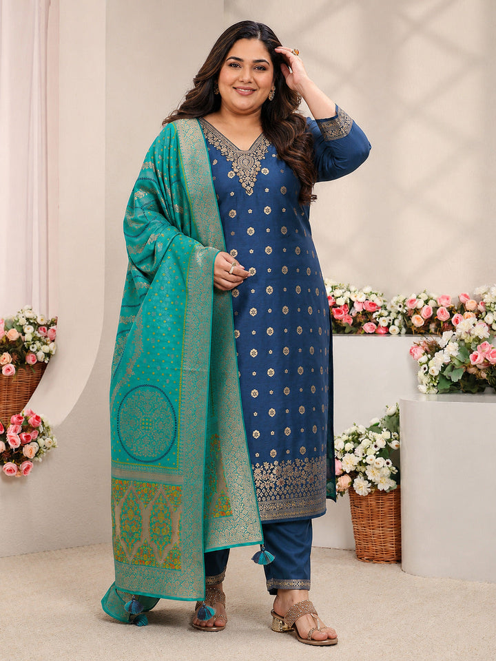 Plus Size Blue Woven Design Silk Blend Straight Suit Set With Dupatta