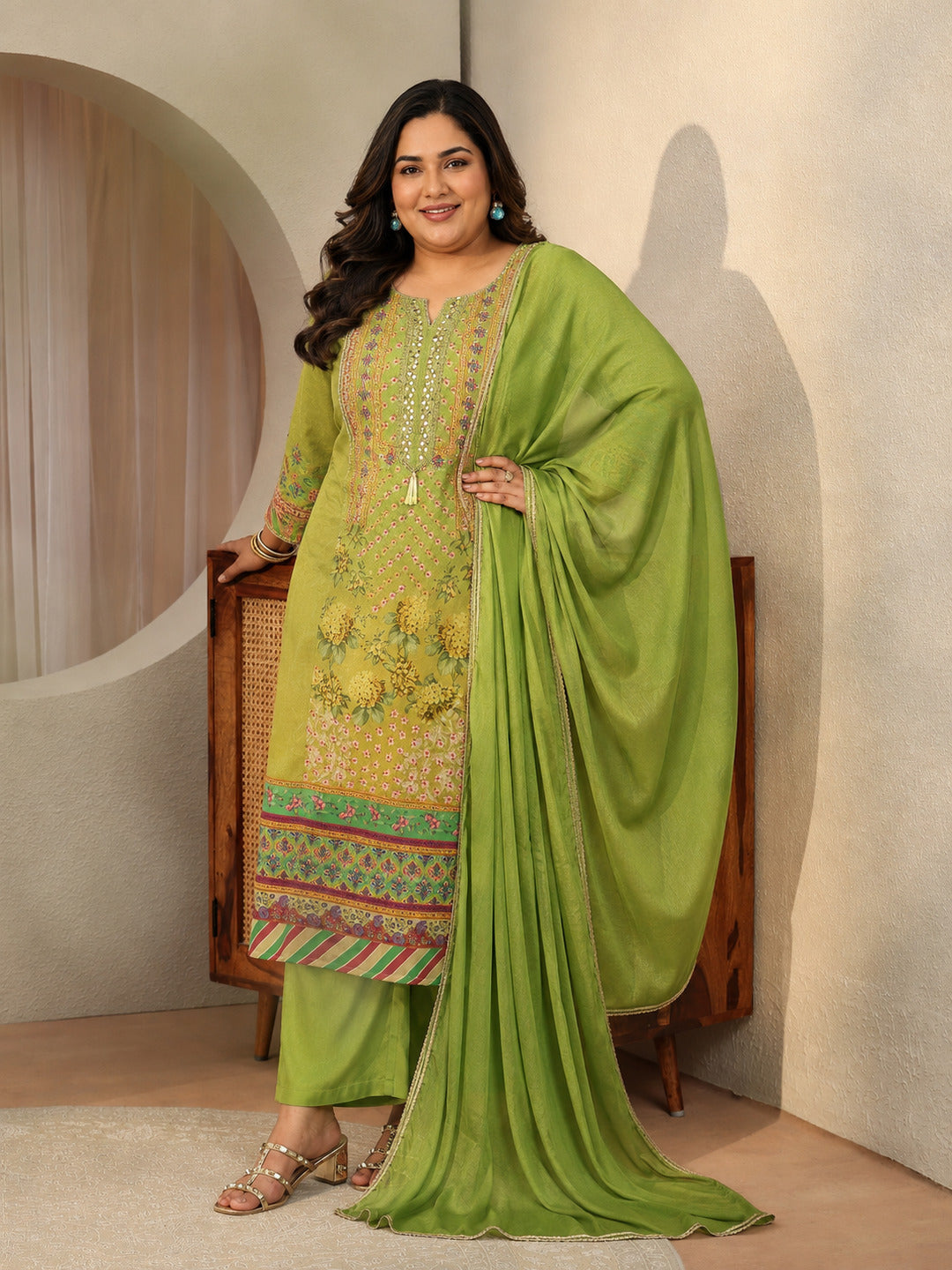 Plus Size Green Printed Chinon  Straight Suit Set With Dupatta