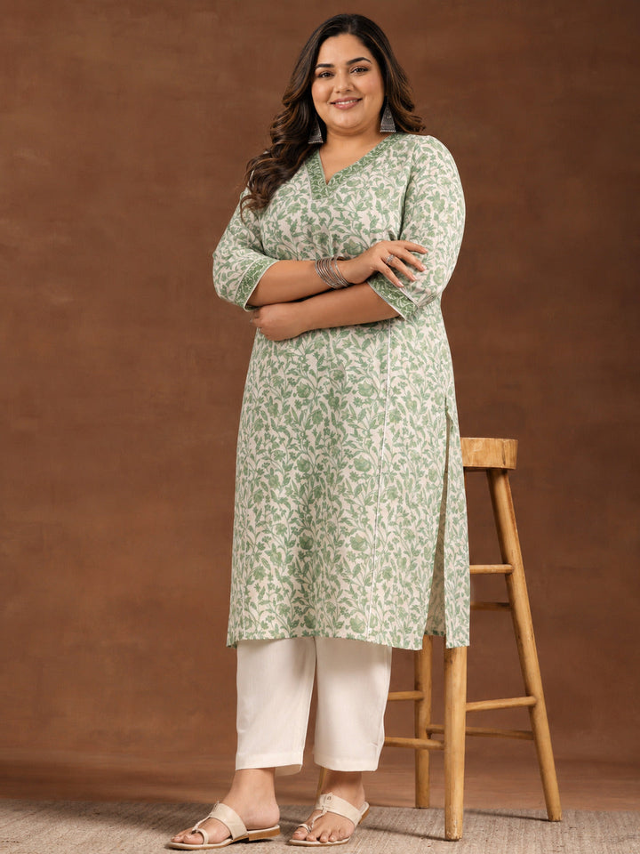 Plus Size Green Printed Cotton Straight Kurta