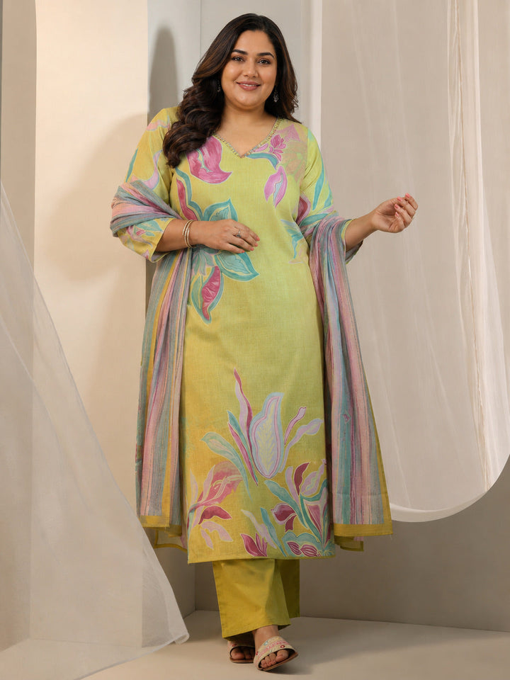 Plus Size Multi Printed Cotton Blend Straight Suit Set With Dupatta