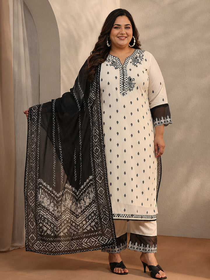 Plus Size Off White Floral Woven Design Cotton Blend Straight Suit Set With Dupatta