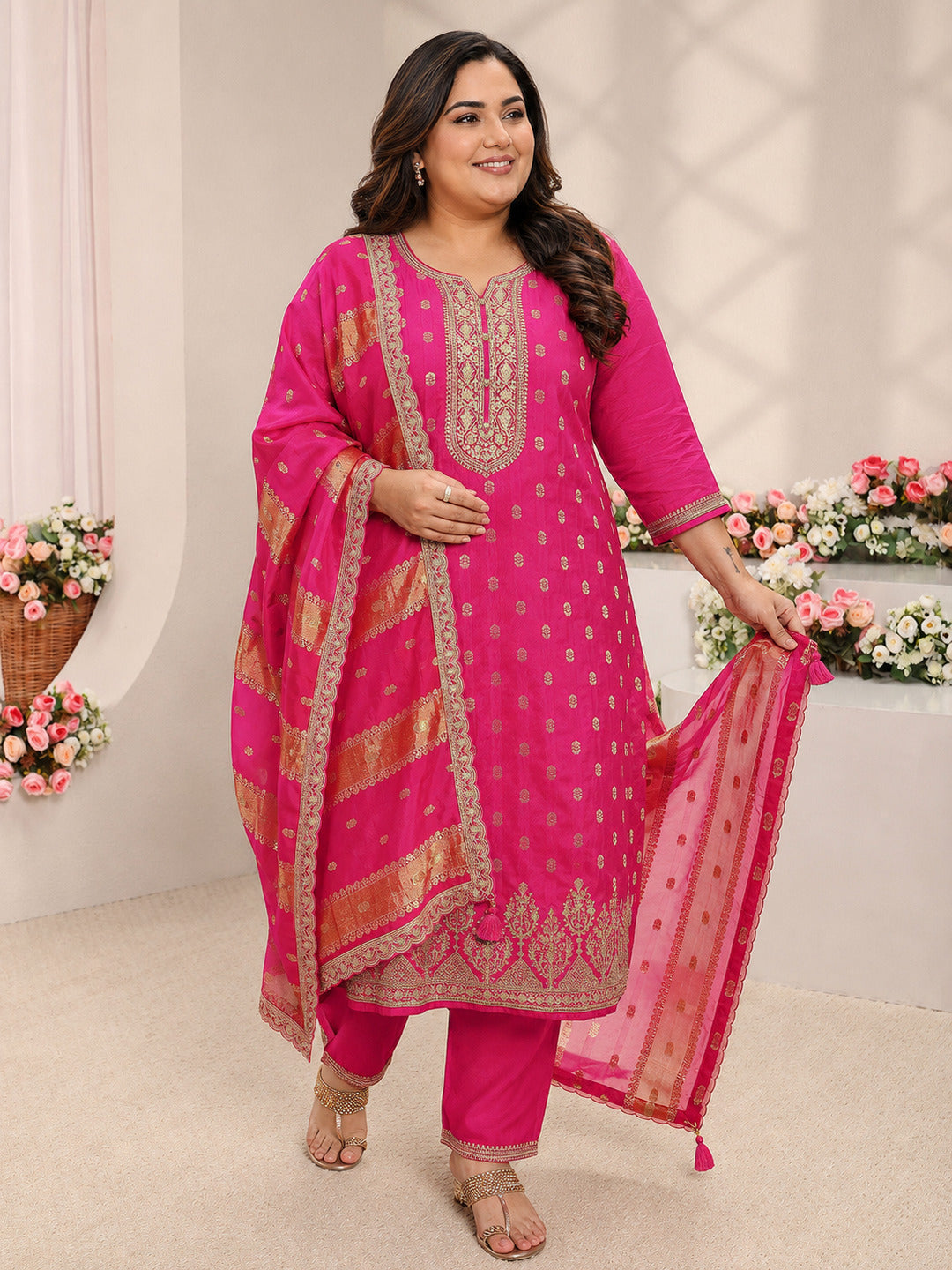 Plus Size Pink Woven Design Silk Blend Straight Suit Set With Dupatta