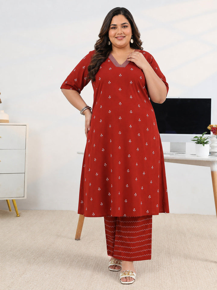 Plus Size Red Woven Design Cotton Blend A-Line Kurta Set