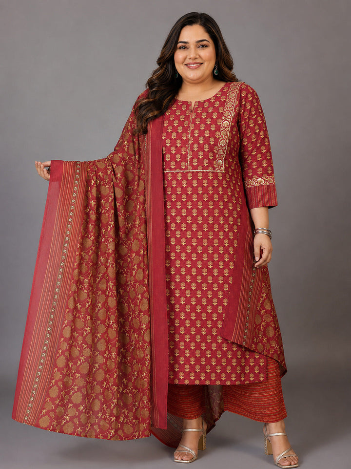 Plus Size Rust Printed Cotton Straight Suit With Dupatta