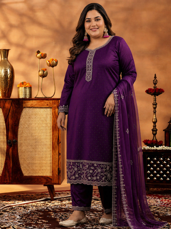 Plus Size Wine Embroidered Silk Blend Straight Suit With Dupatta