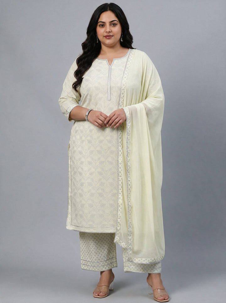 Plus Size Light Yellow Woven Design Rayon Straight Suit Set