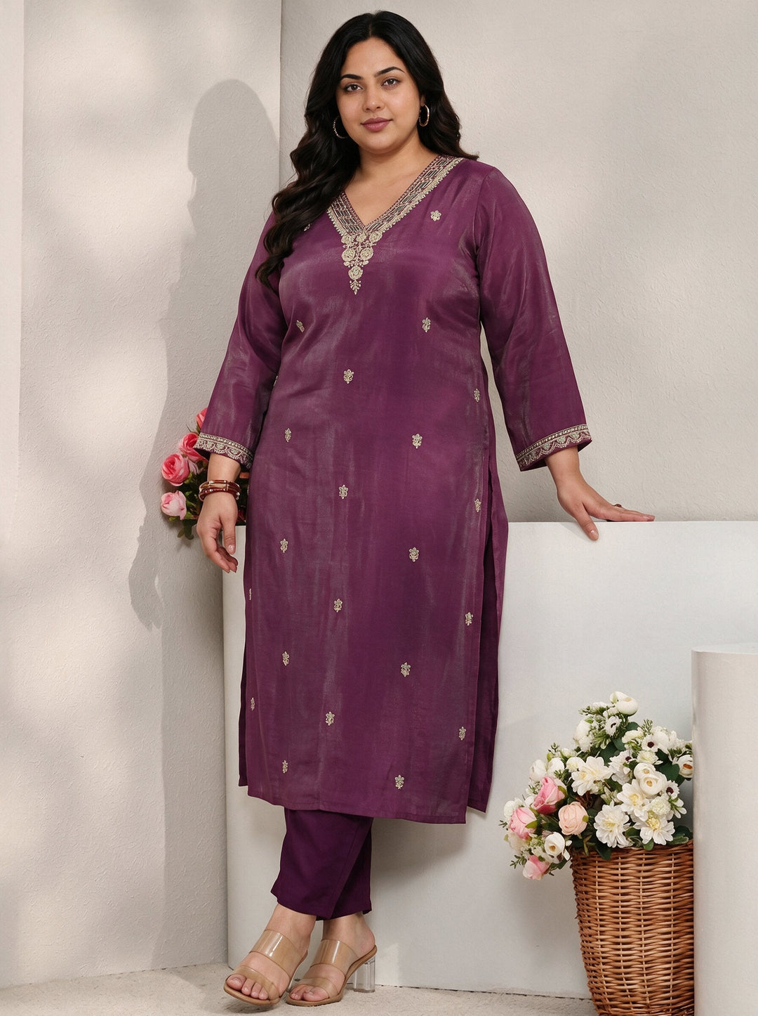 Plus Size Magenta Embroidered Silk Blend Straight Kurta