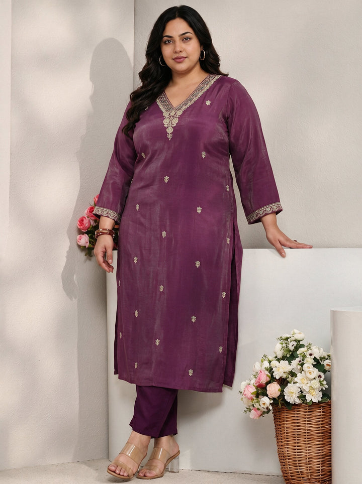 Plus Size Magenta Embroidered Silk Blend Straight Kurta