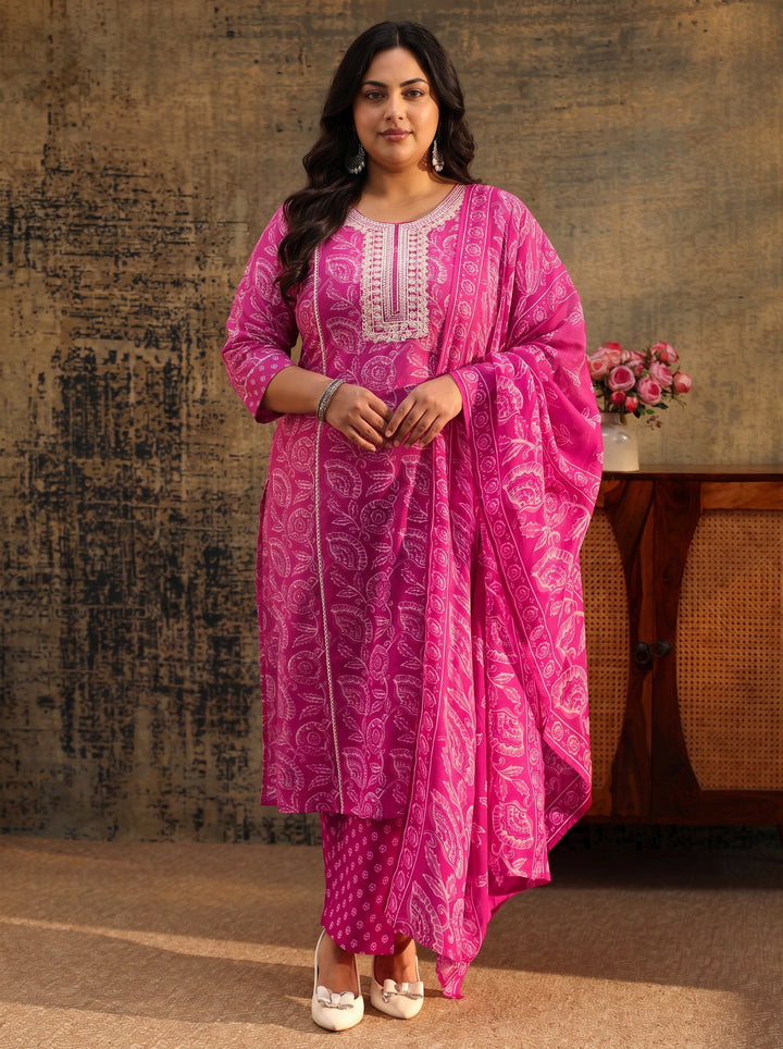 Plus Size Magenta Floral Printed Cotton Straight Suit Set